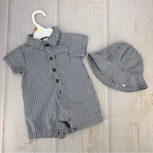 Carter’s 3M Gingham Romper + Hat Baby Outfit Blue White Pre-Owned